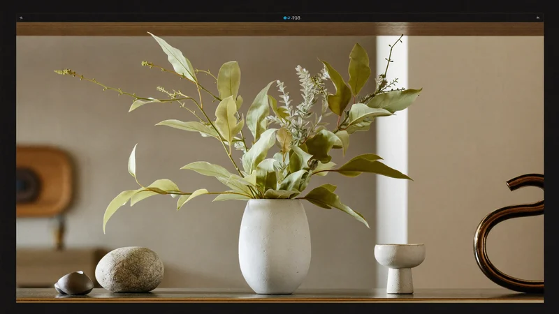 Illustration eines Wohnzimmerregals mit Kunstgrün, Keramikvase und kleinen Dekoobjekten